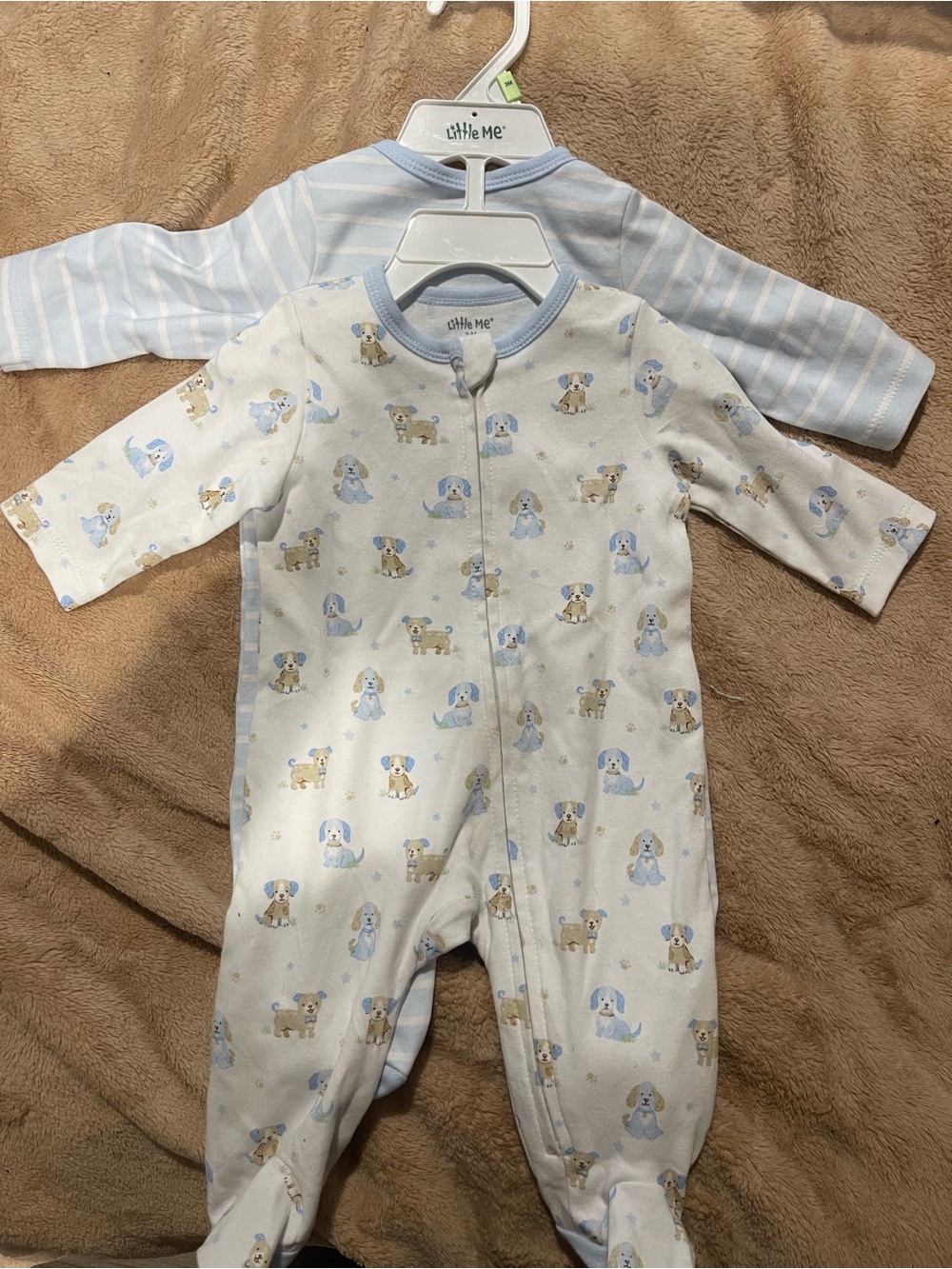 Little Me Blue, White & Tan Puppy Print Footie One-Piece